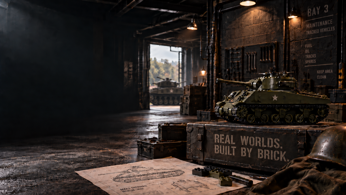 Legacy Brickworks and Bunker Bricks tracked-vehicle workshop hero atmosphere